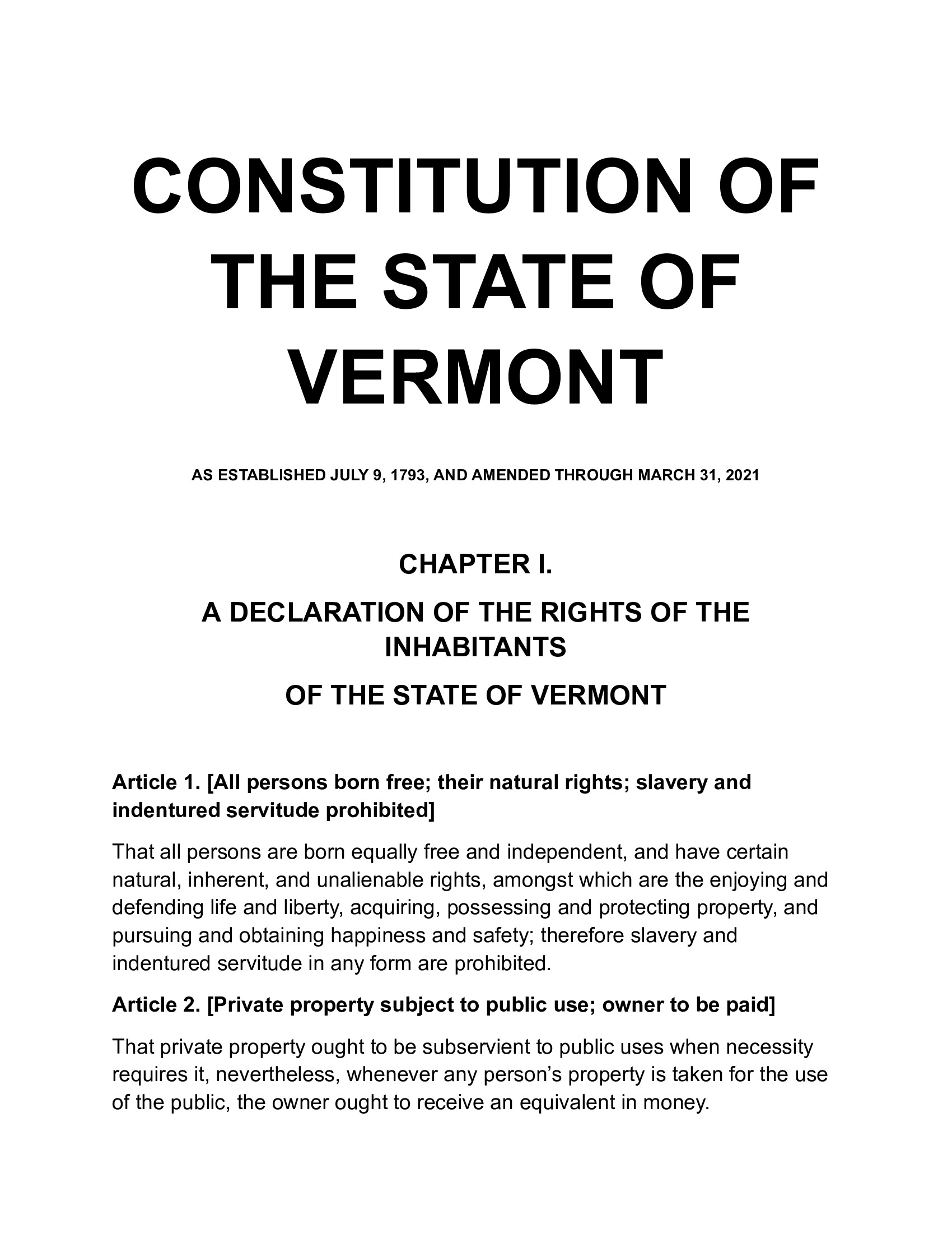 Constitution of the State of Vermont